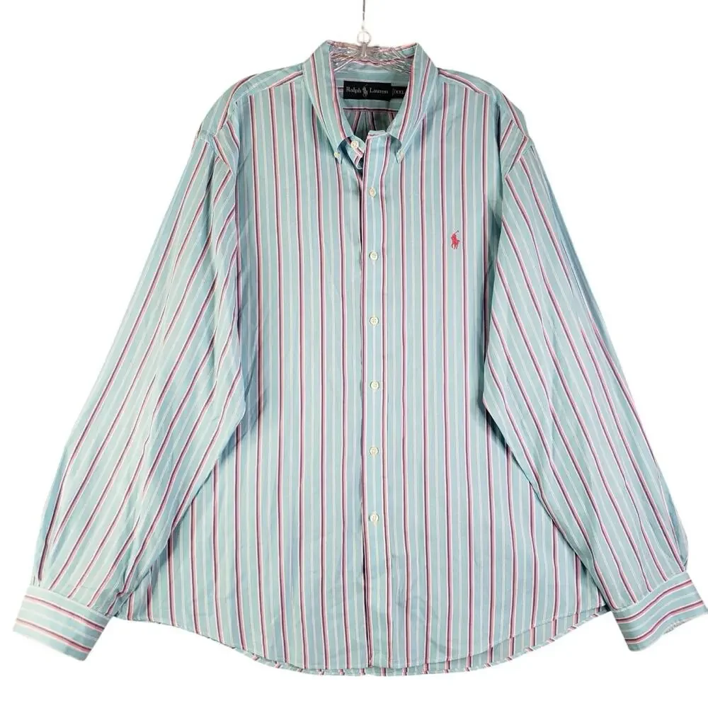 Polo Ralph Lauren Oxford Shirt Mens XXL Aqua Vertical Stripe LS Button Down